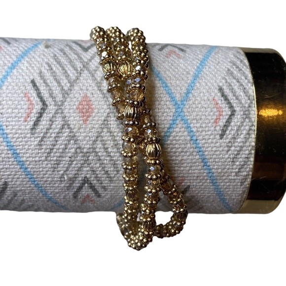 Vintage Multi 3 Strand Clear & Tones of Gold Beaded Bracelet Adjustable pull - Picture 2 of 5